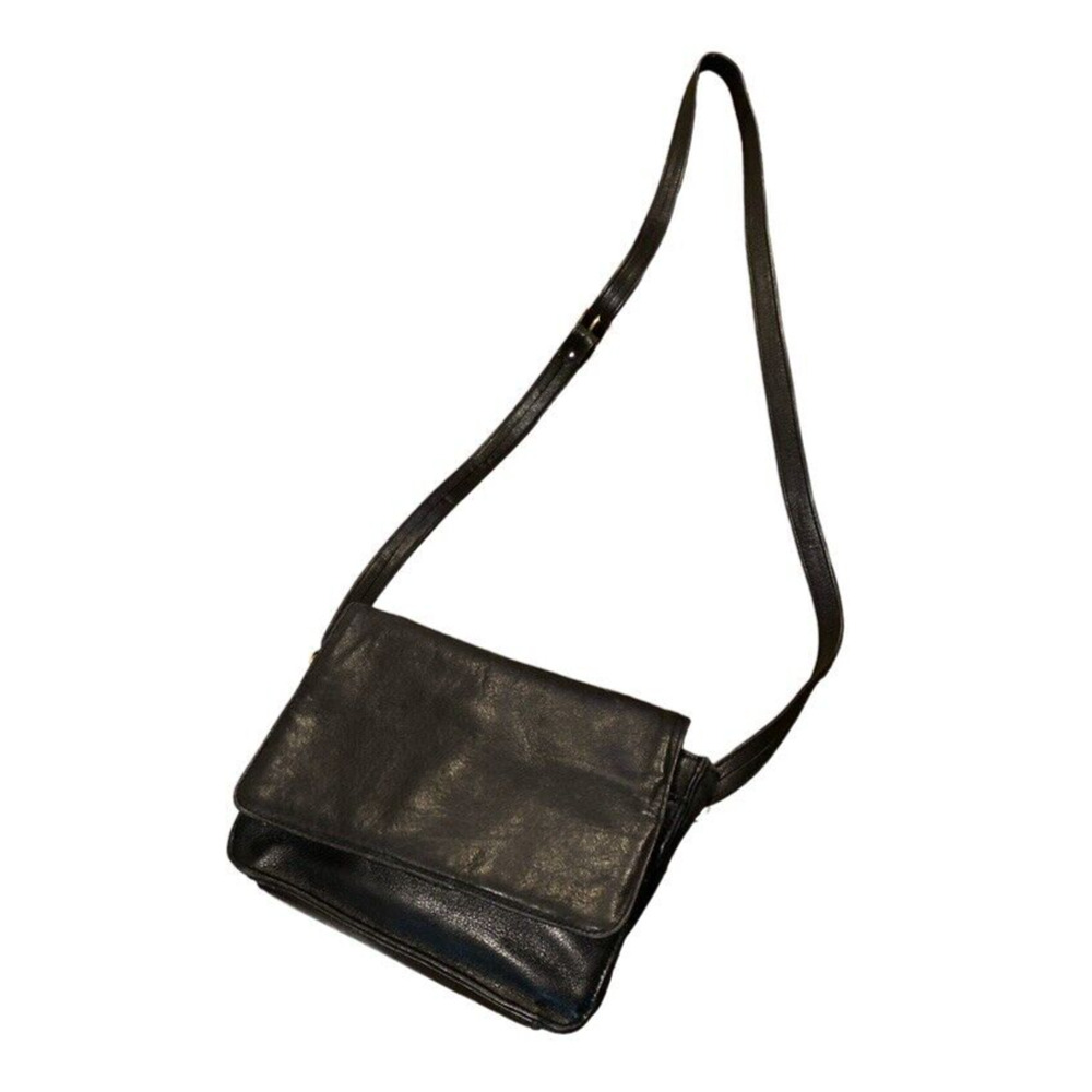 Jacqueline Ferrar Black Leather‎ Crossbody Shoulder Bag Gold Hardware